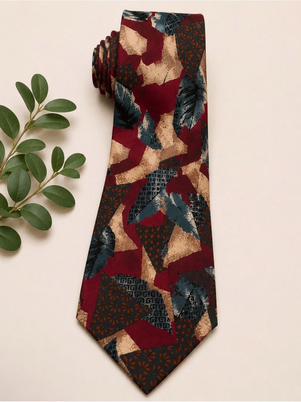 Oscar de la Renta Silk Tie in Burgundy, Teal & Tan